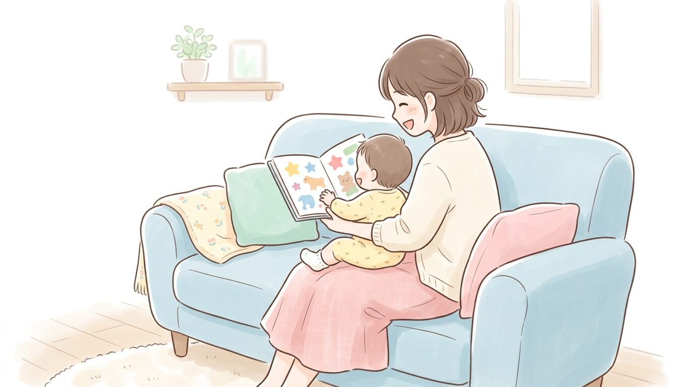 ソファで赤ちゃんを膝に乗せ、笑顔で絵本を読み聞かせる母親の後ろ姿
