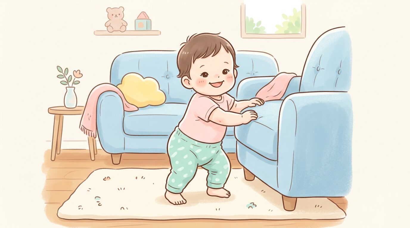 リビングのソファにつかまり立ちしながら笑顔を見せる生後10か月ほどの赤ちゃん