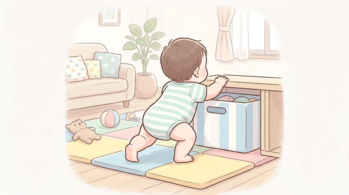 リビングの安全マットの上でハイハイからつかまり立ちに挑戦する赤ちゃんの後ろ姿