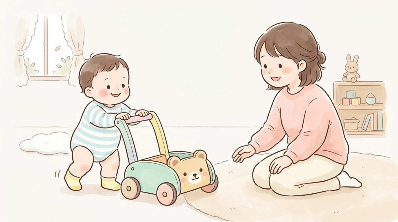 手押し車のおもちゃで遊びながら一人立ちに挑戦する赤ちゃんとそばで見守る母親