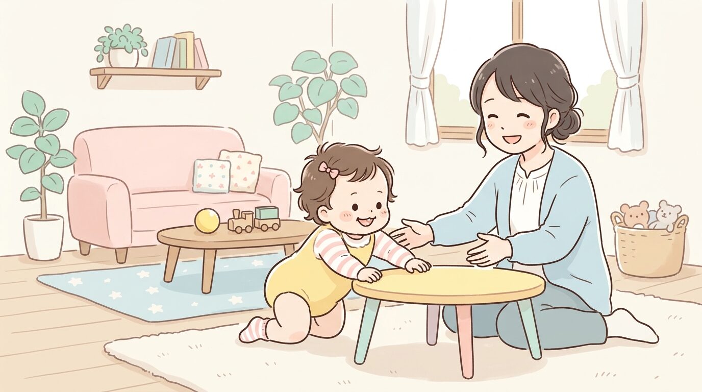 リビングでハイハイからつかまり立ちに挑戦する満1歳前後の赤ちゃんと、そばで見守る母親の温かい表情