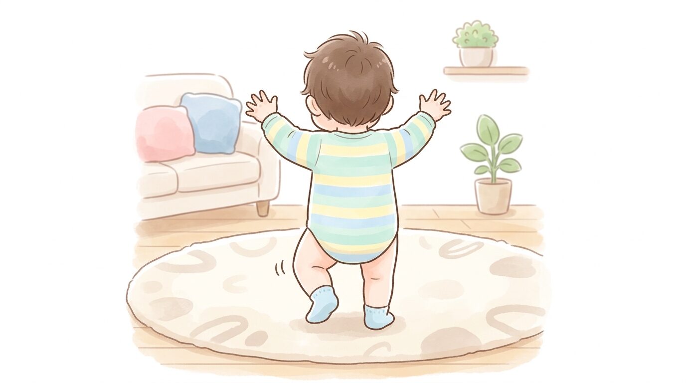 リビングのラグの上で両手を広げてバランスを取りながら一歩を踏み出そうとする赤ちゃんの後ろ姿