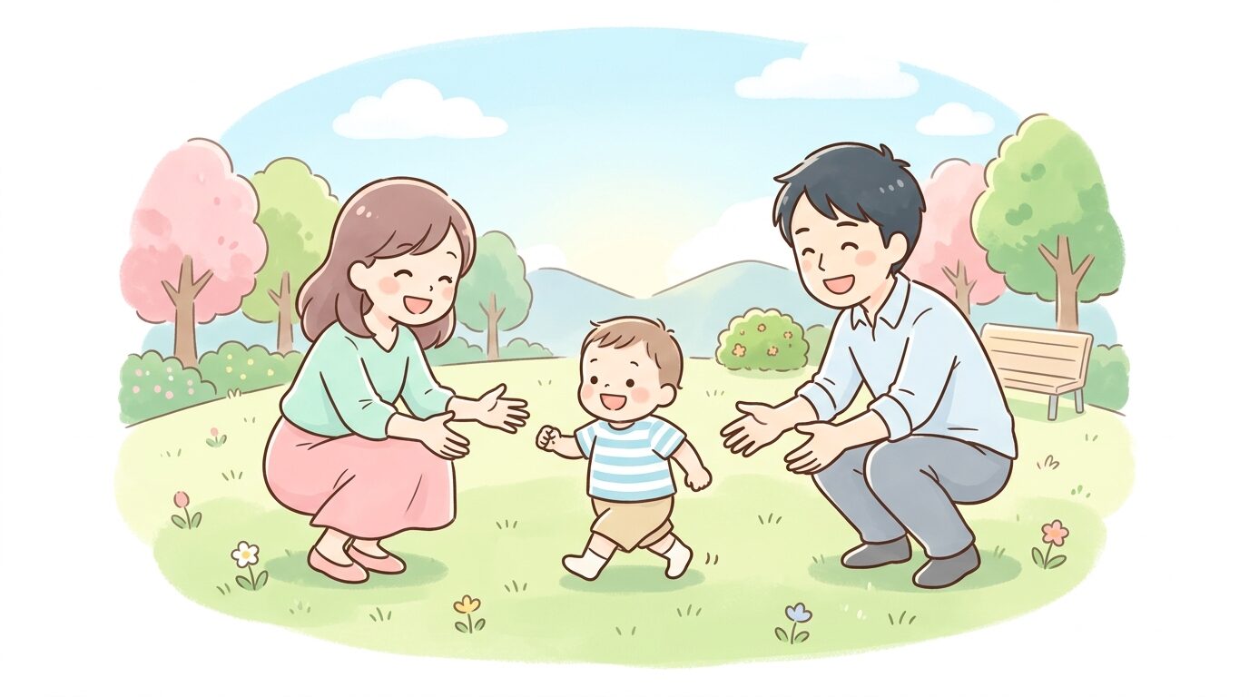 公園の芝生の上で両手を伸ばして赤ちゃんの一人歩きを笑顔で見守る父親と母親