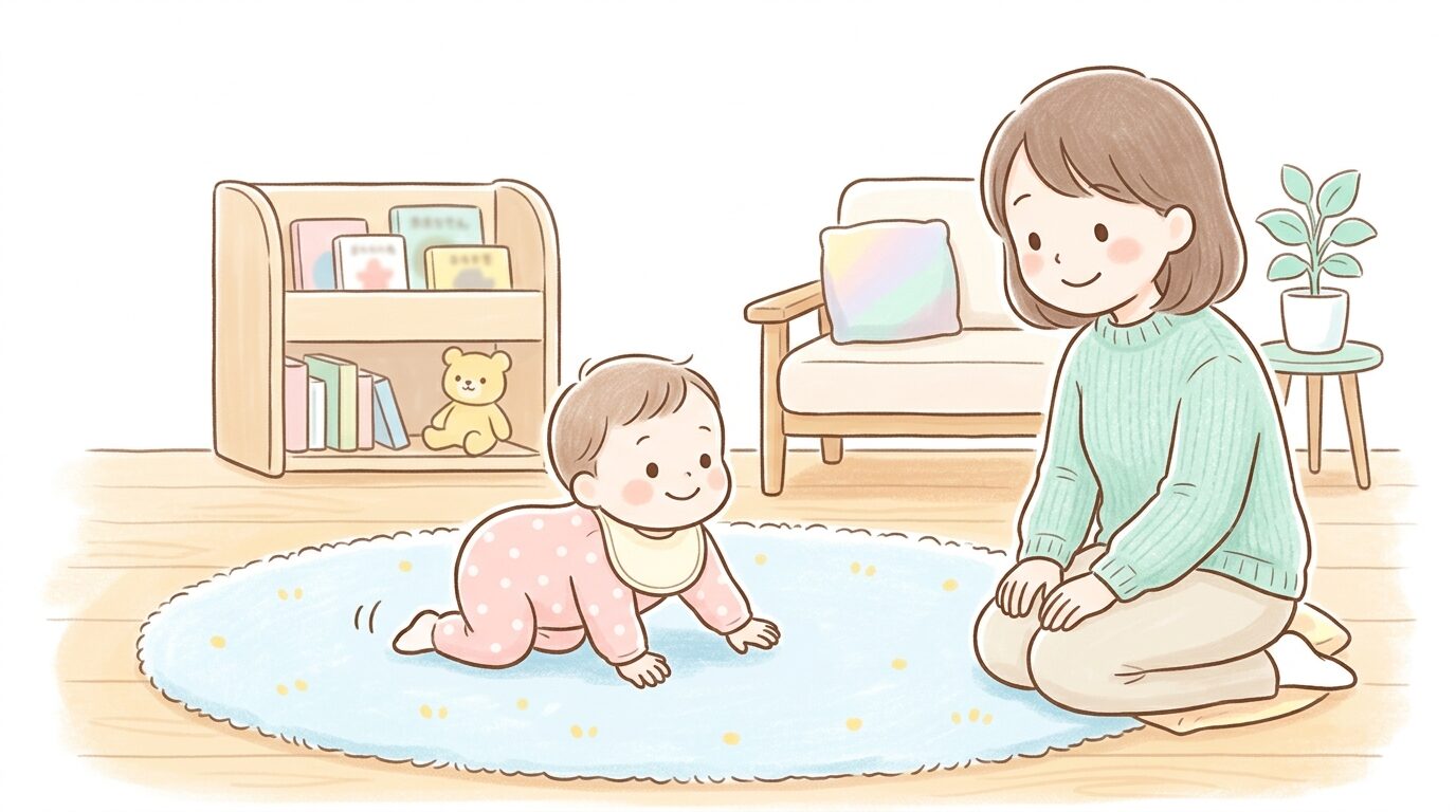 リビングでハイハイやつかまり立ちをする1歳前後の赤ちゃんと見守る母親