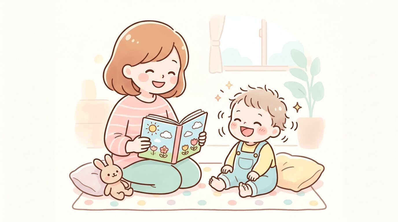 絵本を読み聞かせる親と、楽しそうに首を振りながら笑う赤ちゃん