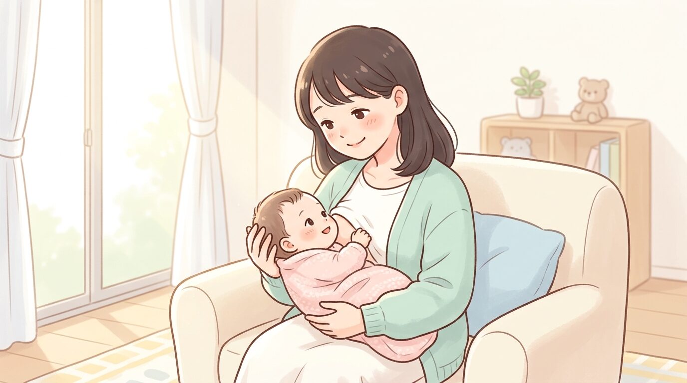 授乳しながら赤ちゃんと見つめ合う若い母親、柔らかい自然光が差し込む部屋
