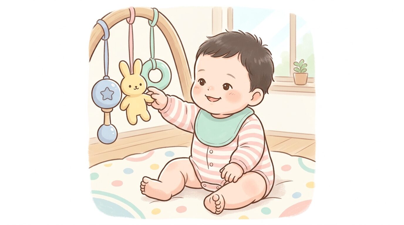 生後半年ほどの赤ちゃんがおもちゃに手を伸ばして掴もうとしている様子