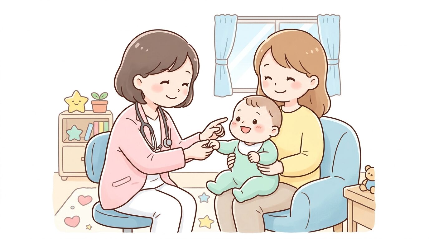 小児科の診察室で医師が赤ちゃんの様子を優しく確認している場面