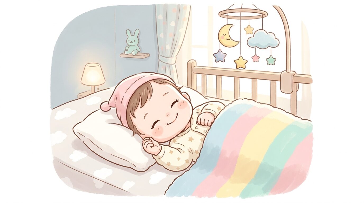 すやすやと眠りながら微笑む生後2か月の赤ちゃんのアップ写真、柔らかい照明の寝室