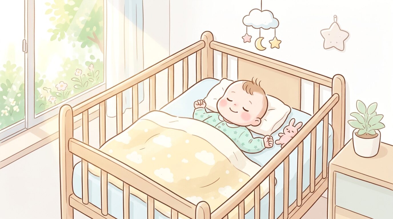 生後5か月頃の赤ちゃんがベビーベッドですやすやと眠っている様子、柔らかな朝の光が差し込む部屋
