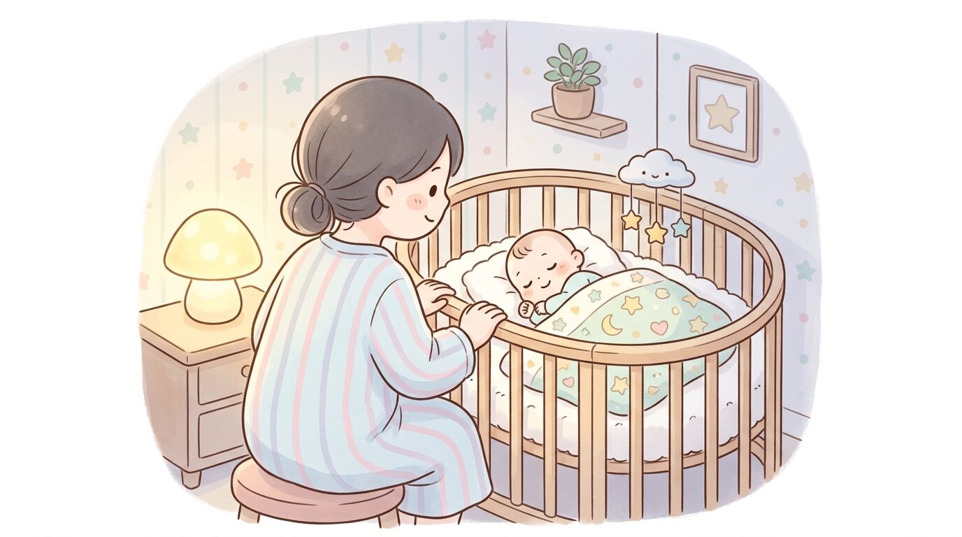 夜の寝室で赤ちゃんの様子をそっと見守る母親の後ろ姿、間接照明の温かい雰囲気