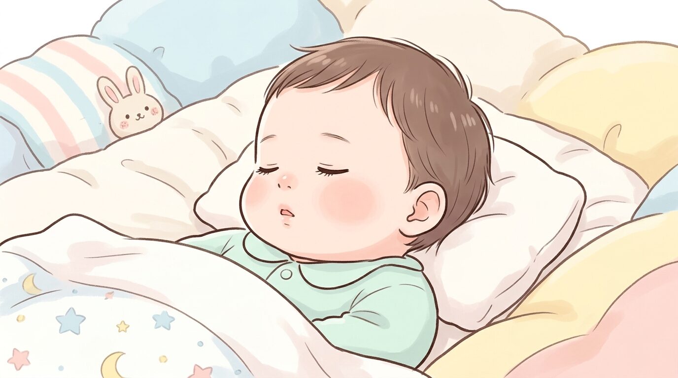 布団の上ですやすやと眠る生後8ヶ月ほどの赤ちゃんの寝顔アップ