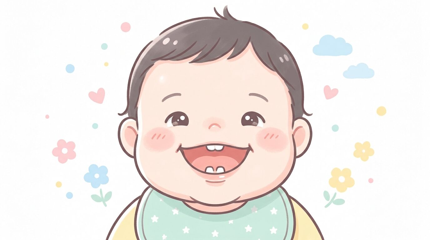 生え始めたばかりの下の前歯2本が見える赤ちゃんの口元の笑顔