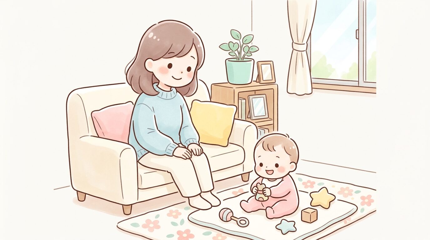リビングで赤ちゃんの様子を優しく見守る母親の穏やかな表情