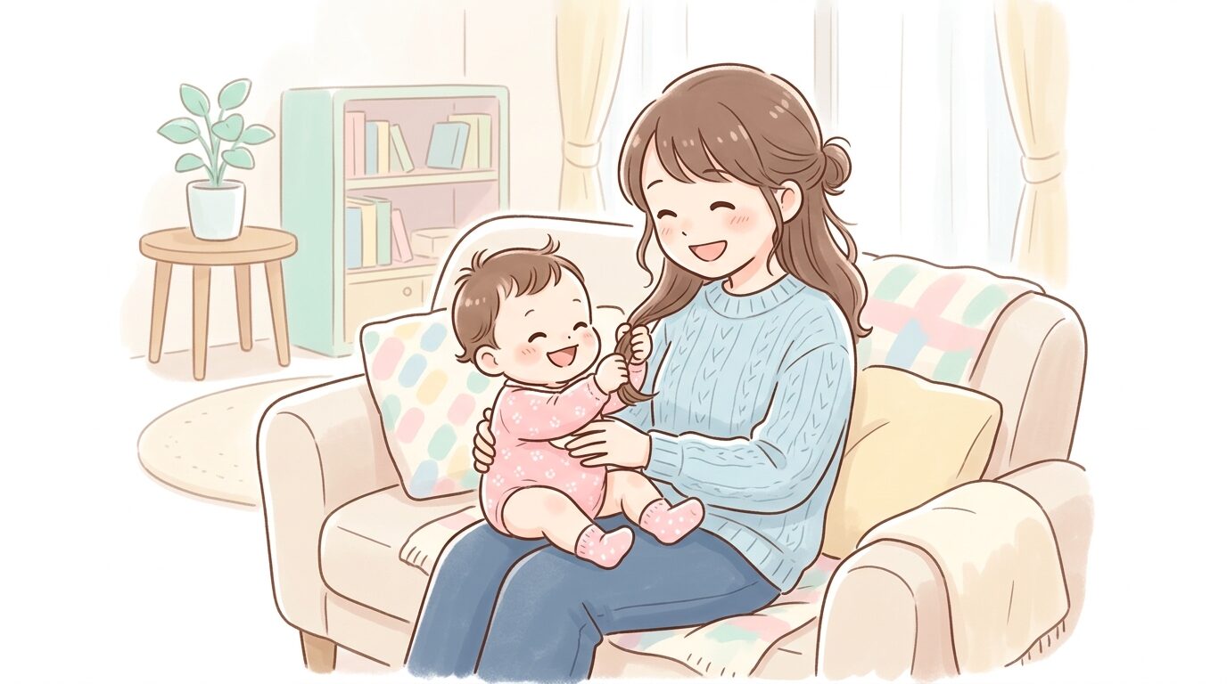 ソファに座るママの髪の毛を笑顔で引っ張る生後8ヶ月ほどの赤ちゃん