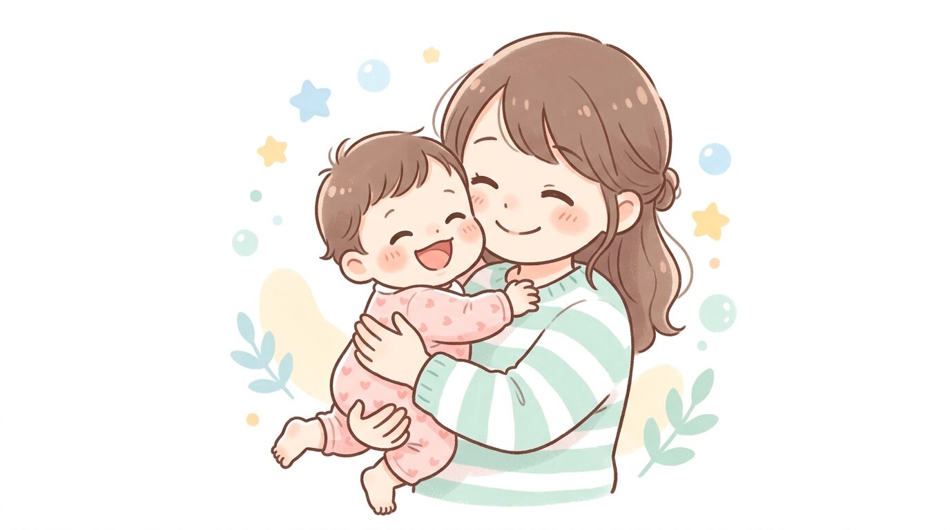 1歳児が母親に抱っこされながら楽しそうに笑っている様子