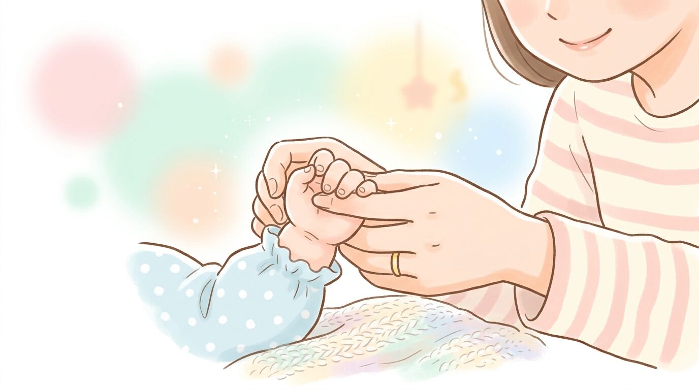赤ちゃんの小さな手首をそっと優しく持つ母親の手元アップ