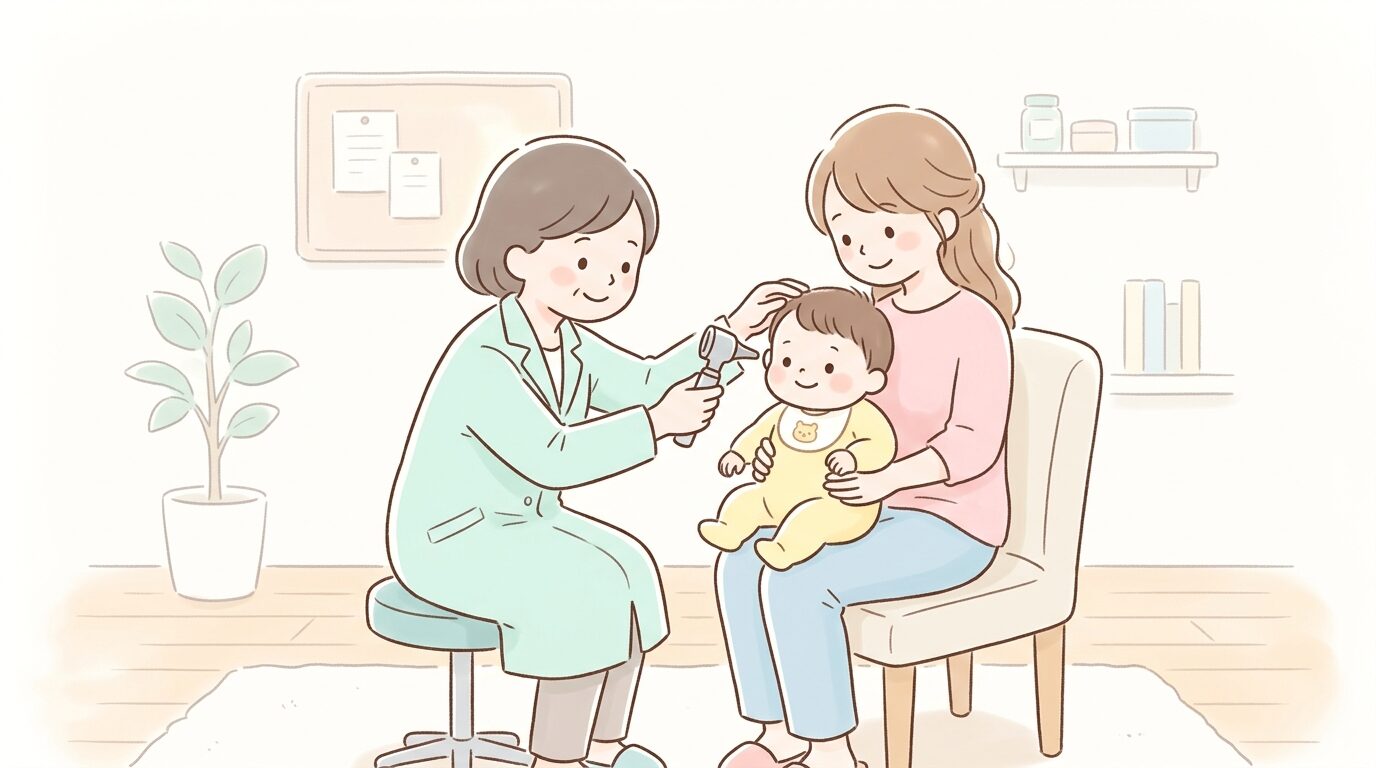 小児科の診察室で医師に赤ちゃんの耳を優しく診てもらっている様子、隣で見守る母親