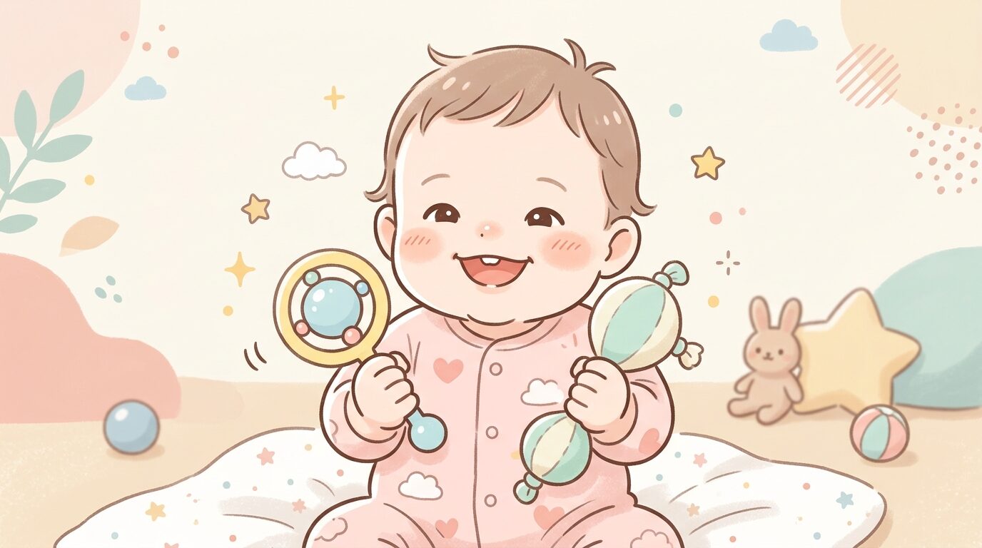 カラフルなラトルを両手で握って笑う生後5か月ほどの赤ちゃんの上半身アップ
