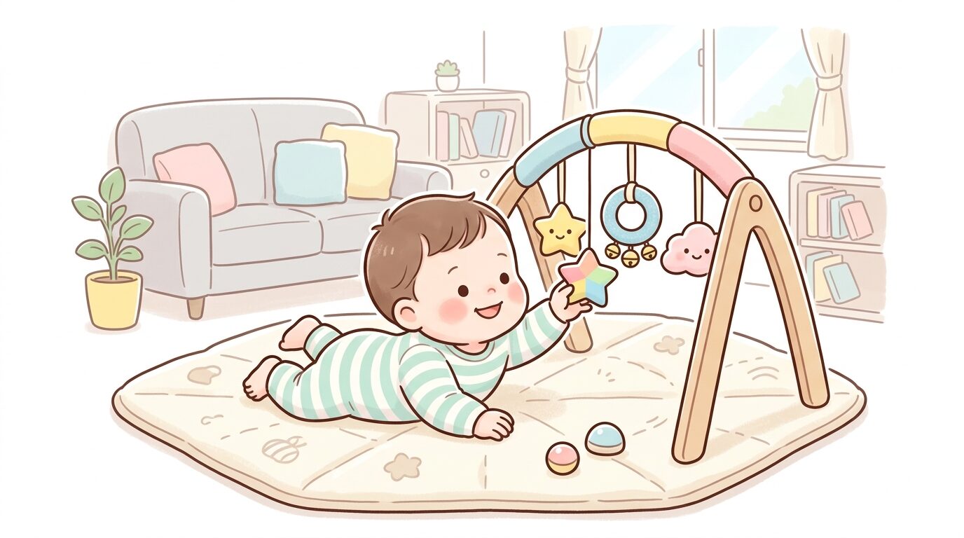 リビングのプレイマットの上でうつ伏せになりベビージムのおもちゃに手を伸ばす生後6か月の赤ちゃん