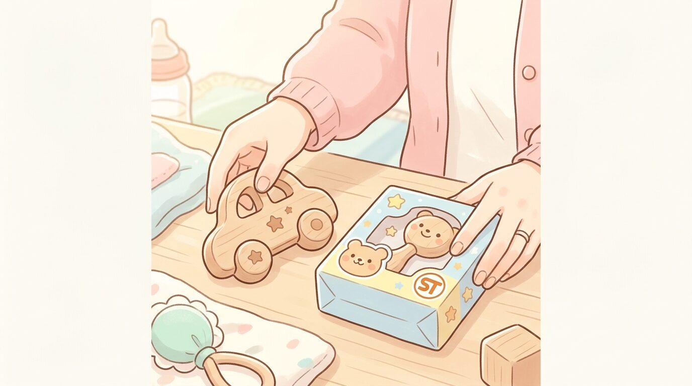 木製のおもちゃとSTマークが表示されたパッケージを並べて確認する若い母親の手元