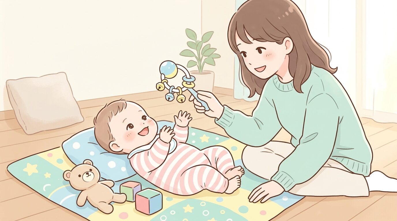 リビングの床でマットに寝転がり、明るい表情でガラガラを見つめる生後3ヶ月の赤ちゃんと、優しく見守る母親