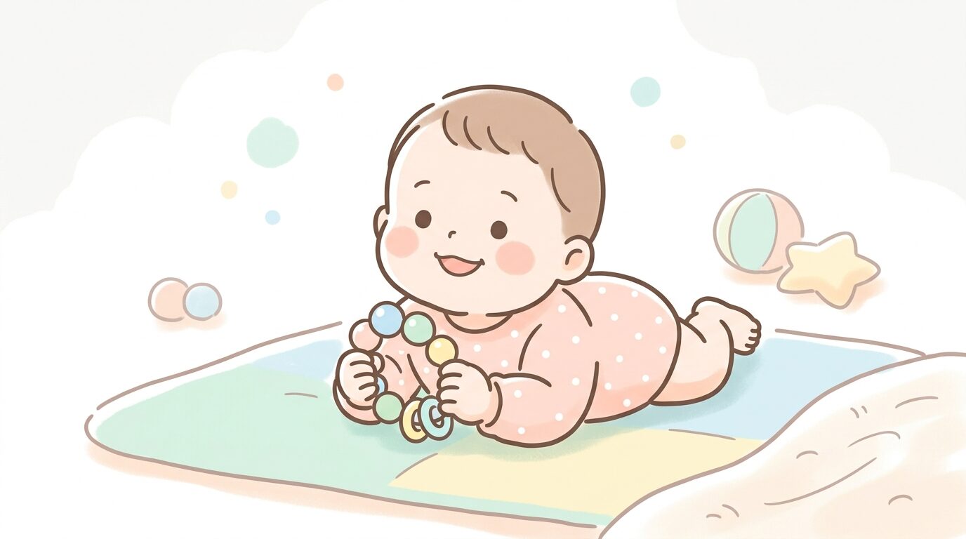 床にうつぶせになり、カラフルなラトルを握って笑顔を見せる生後4ヶ月の赤ちゃん
