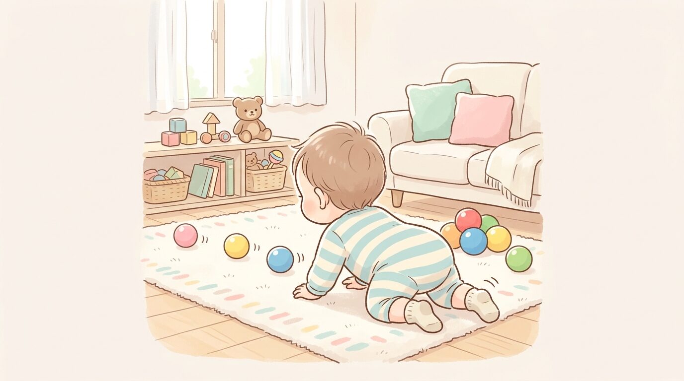 リビングでハイハイをしながらカラフルなボールを追いかける生後10ヶ月の赤ちゃんの後ろ姿