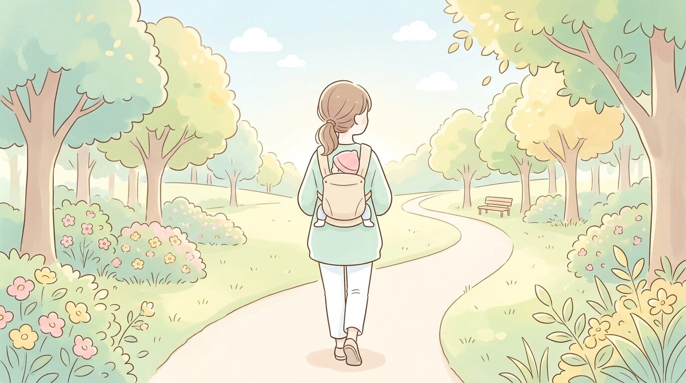 生後2ヶ月の赤ちゃんを抱っこ紐で抱いて公園を散歩する母親の後ろ姿、柔らかい朝の光
