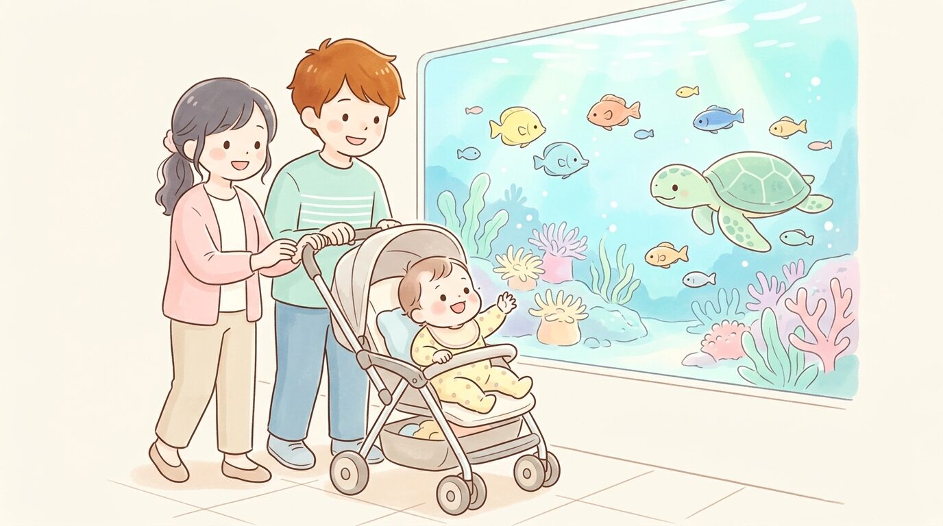 ベビーカーに乗った生後10ヶ月頃の赤ちゃんと一緒に水族館の水槽を眺める家族連れ