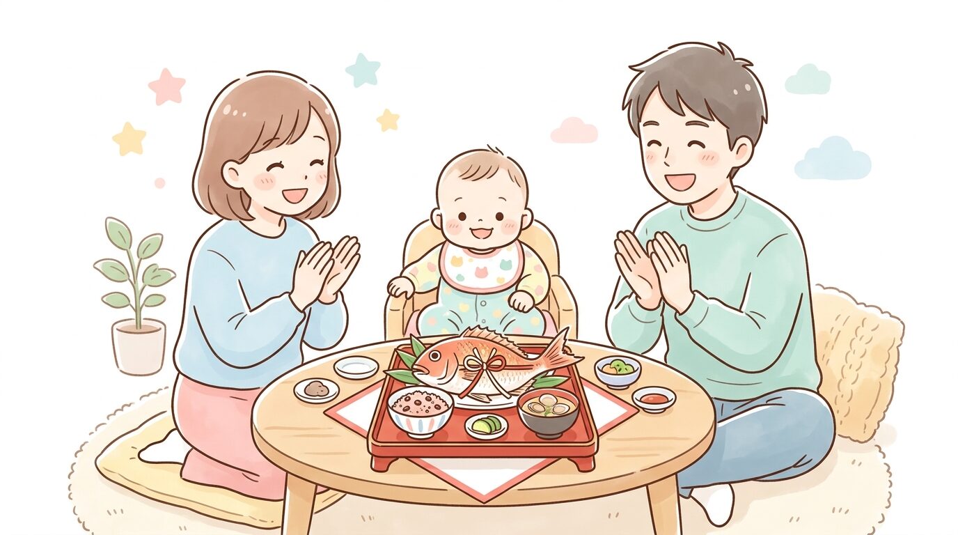 尾頭付きの鯛や赤飯が並んだお食い初めの祝い膳を、笑顔で見つめる赤ちゃんと家族