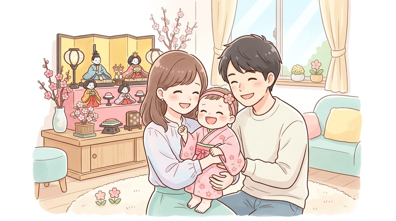 雛人形の前で桃色の衣装を着た赤ちゃんが家族に抱かれて笑っている春の室内シーン