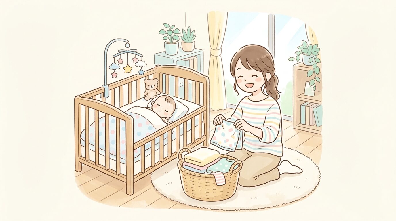明るいリビングで洗濯物を畳む母親のそばで、ベビーベッドの中で穏やかに眠る赤ちゃん