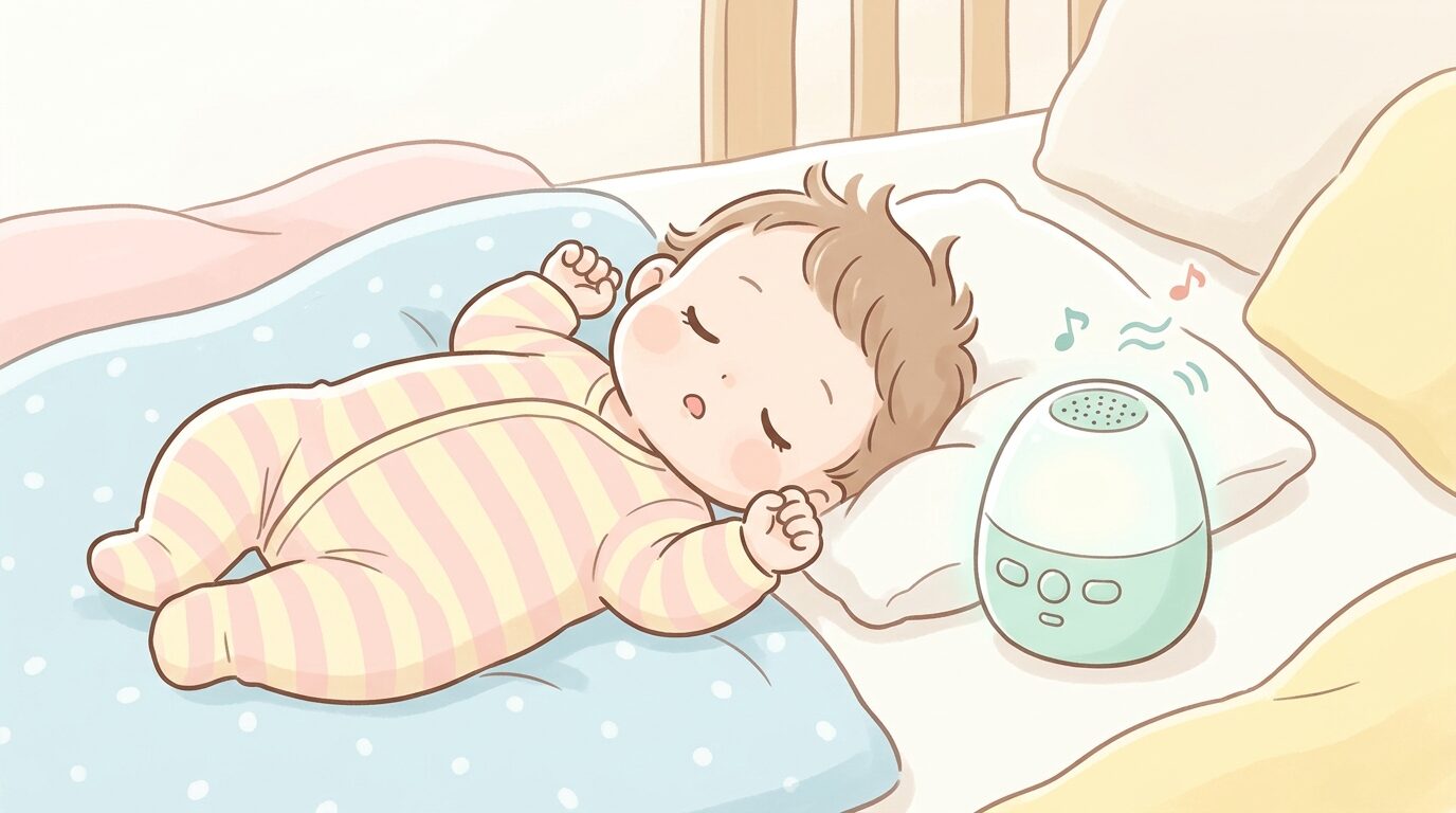 枕元に置かれた小さなホワイトノイズマシンと、隣ですやすや眠る赤ちゃんの寝顔