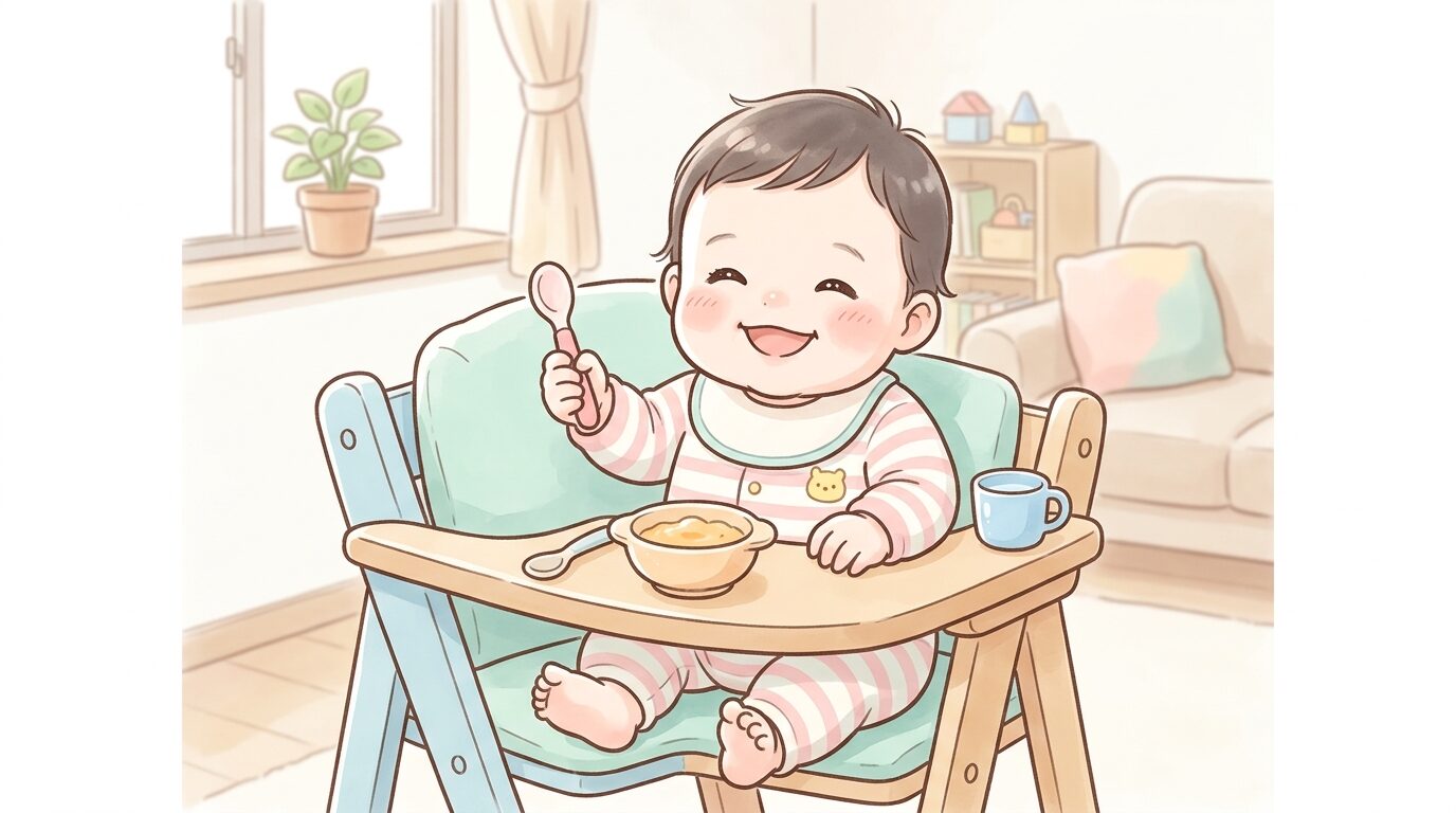 リビングのハイチェアに座り、笑顔でスプーンを持つ生後6ヶ月ごろの赤ちゃん
