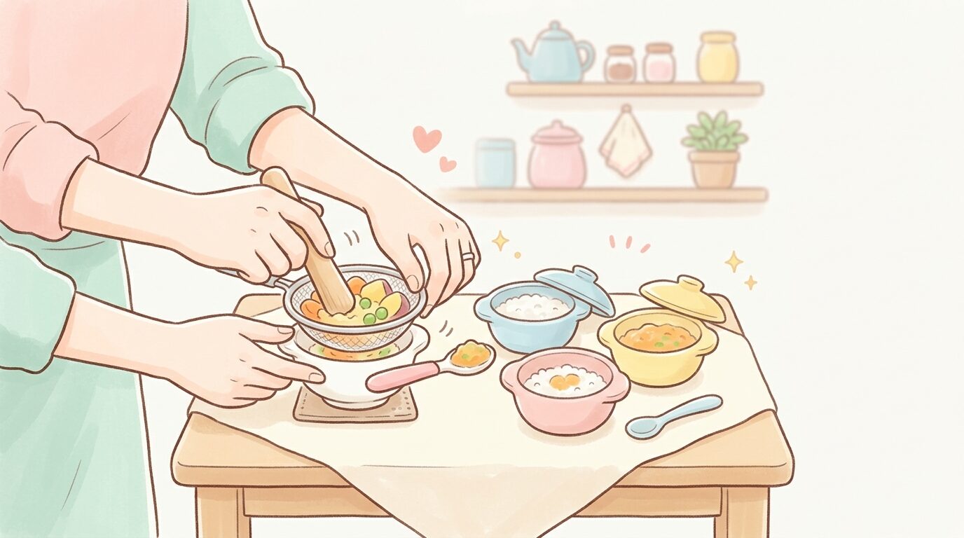 キッチンで裏ごしした野菜と粥を用意する親の手元と、離乳食用の小さな器