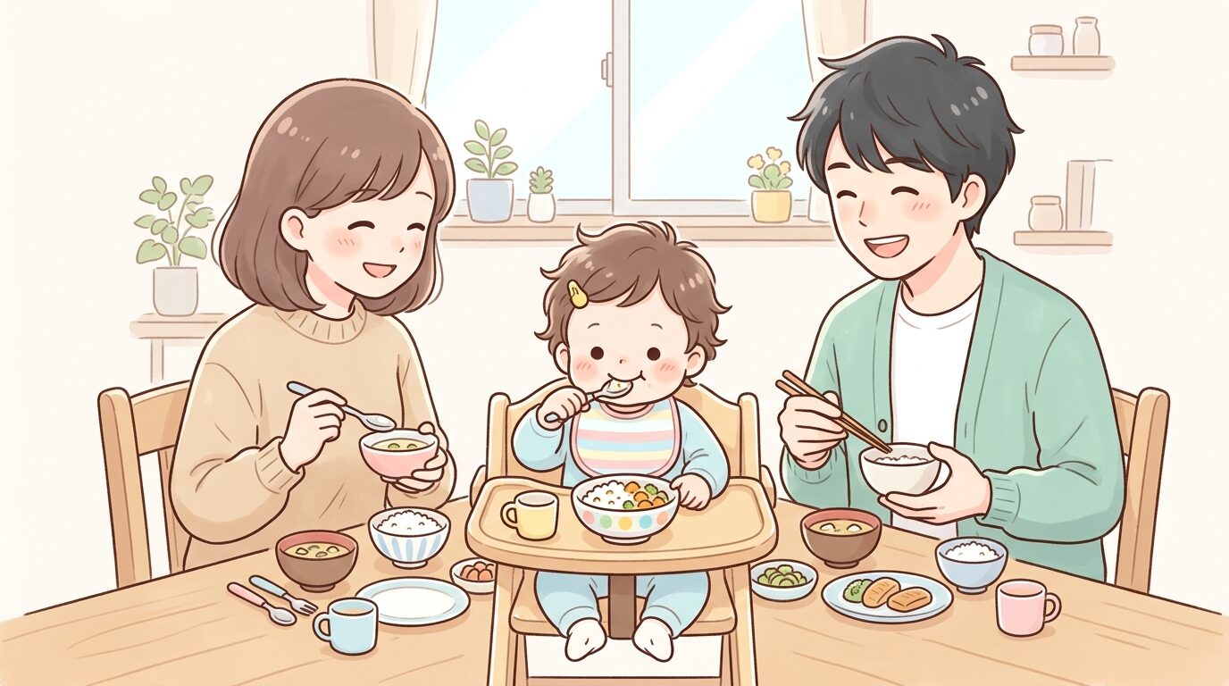 ダイニングテーブルで家族と一緒に食事をする1歳半ごろの子どもと笑顔の両親