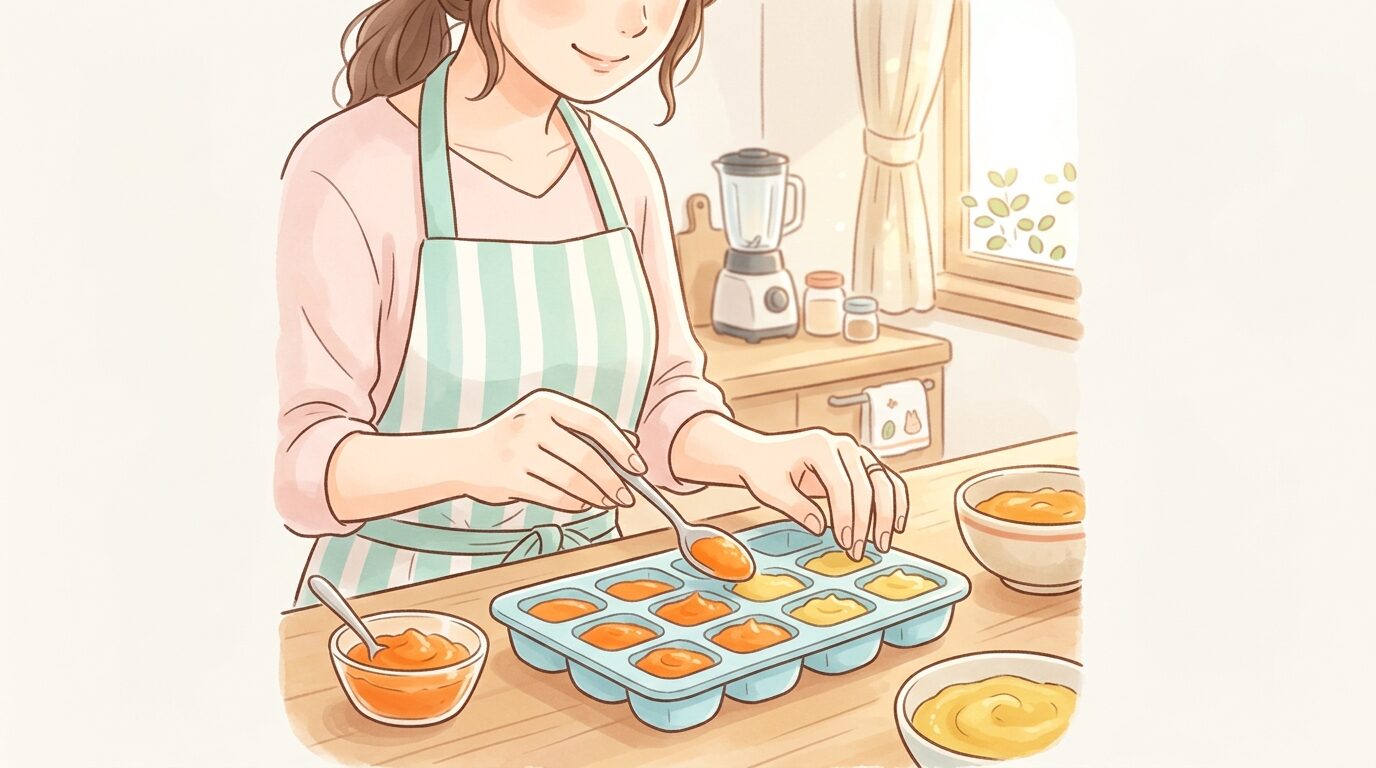 キッチンで製氷皿に離乳食のペーストを詰める30代女性の手元、優しい自然光が差し込む温かい雰囲気