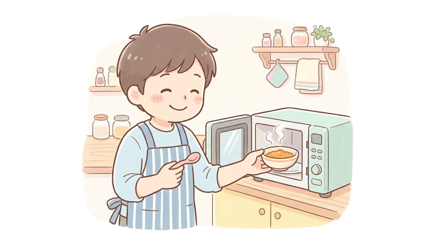 電子レンジで離乳食を温める様子を確認する父親、キッチンで赤ちゃん用のスプーンを持っている