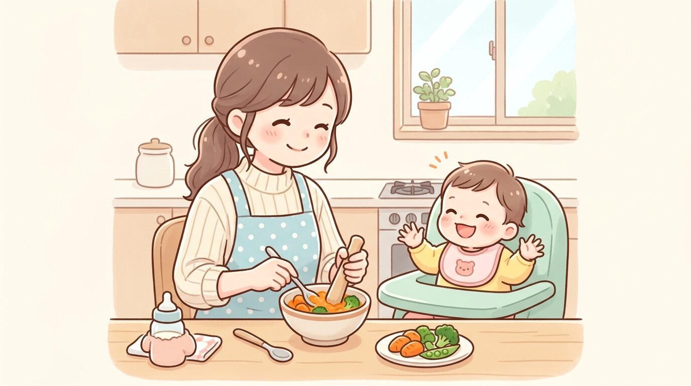 キッチンで野菜をすりつぶし離乳食を準備する母親と、隣で笑う赤ちゃんの温かい雰囲気の写真