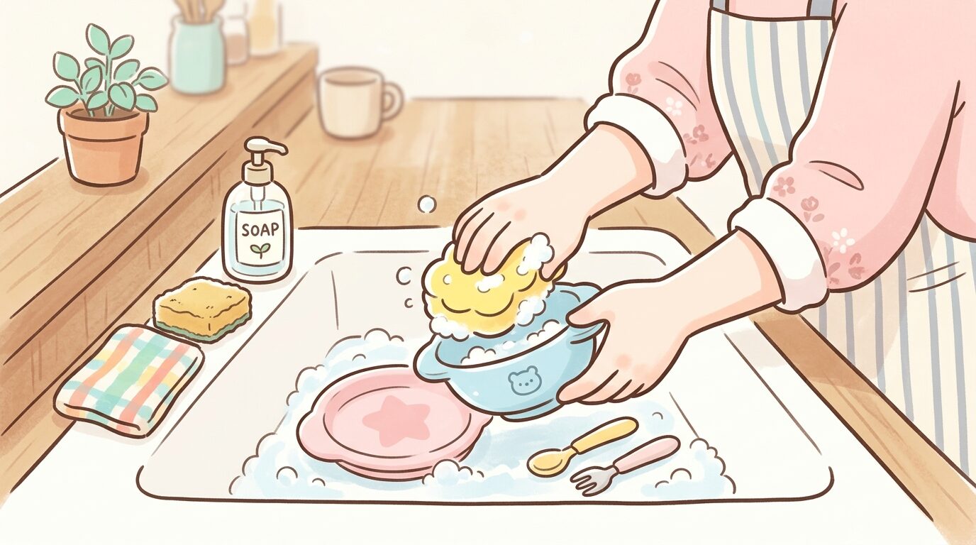 キッチンでスポンジと洗剤を使い、赤ちゃん用のプラスチック食器を優しく洗う母親の手元