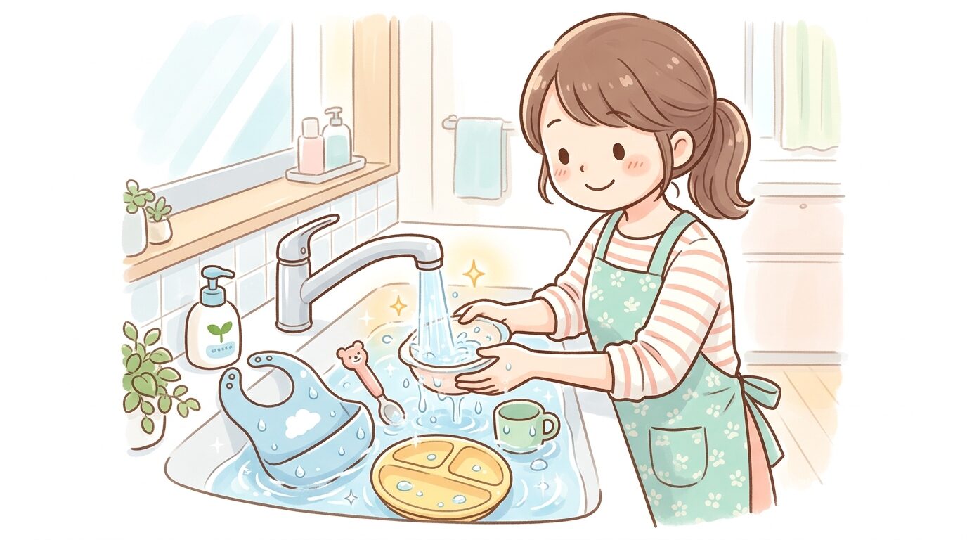 洗面台で複数のベビー食器を丁寧にすすぐ様子、水滴が光る清潔感のあるシーン