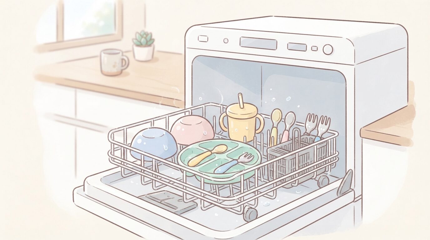 食洗機の中に整理されたベビー用のお皿やスプーンが並んでいる様子