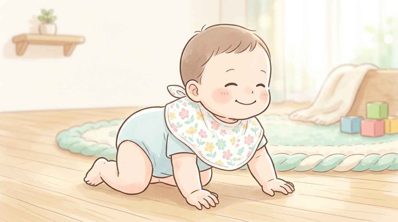 生後数ヶ月の赤ちゃんが花柄のガーゼスタイをつけて笑顔でハイハイしている柔らかい光の中の写真