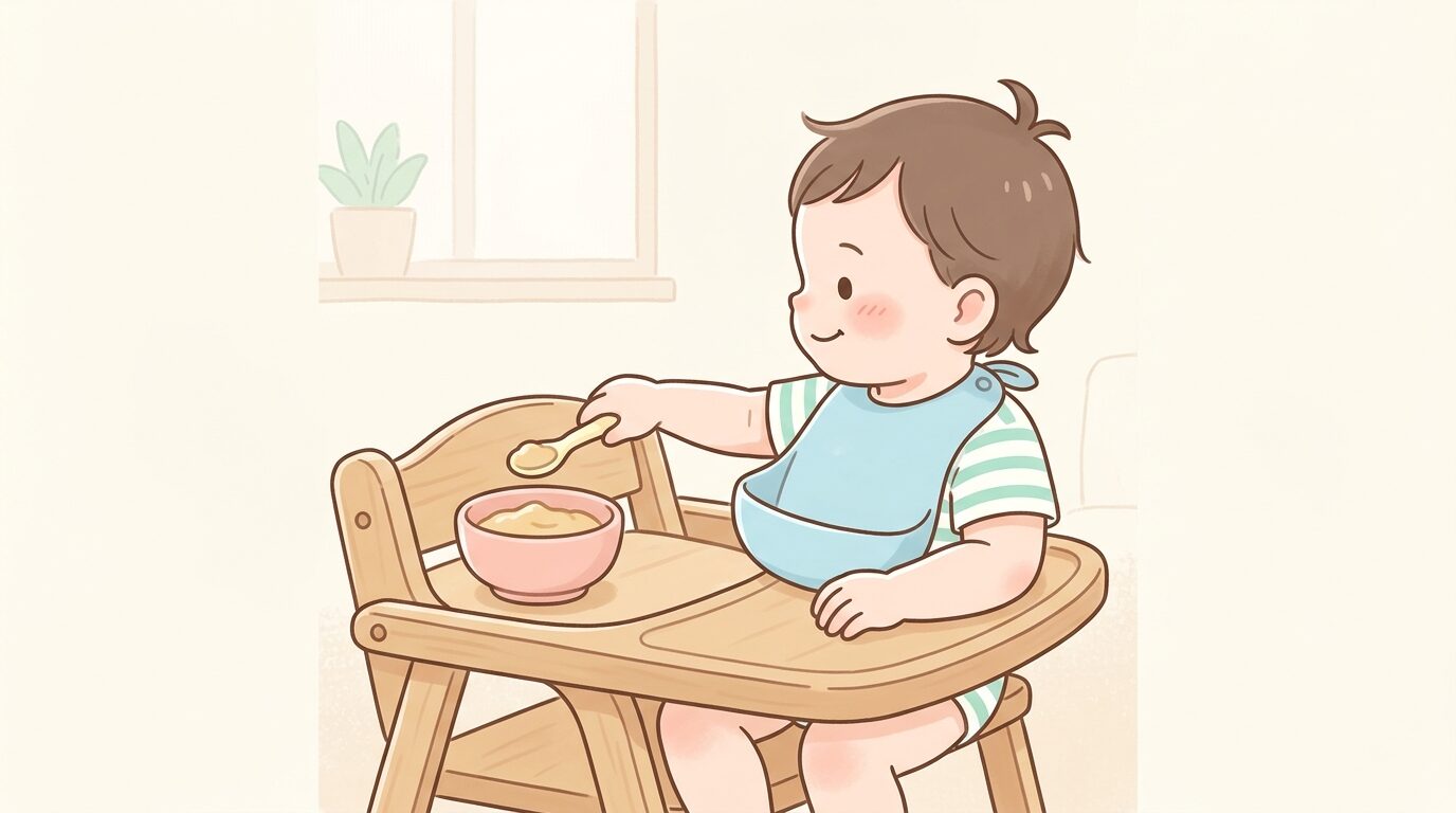 木製の子ども用チェアに座り防水ポケット付きシリコンスタイをつけて離乳食を食べる1歳前後の赤ちゃんの横顔
