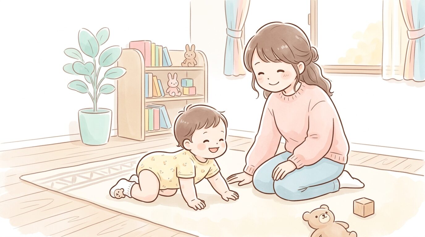 リビングの床でハイハイをする生後8か月ほどの赤ちゃんと、そばで見守る母親の温かい様子