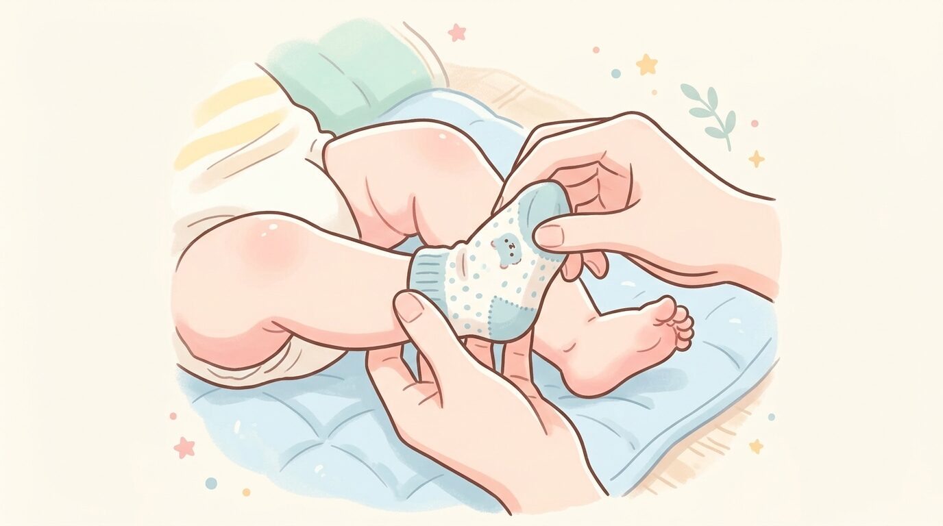 赤ちゃんの小さな足に靴下を優しく履かせている親の手元アップ