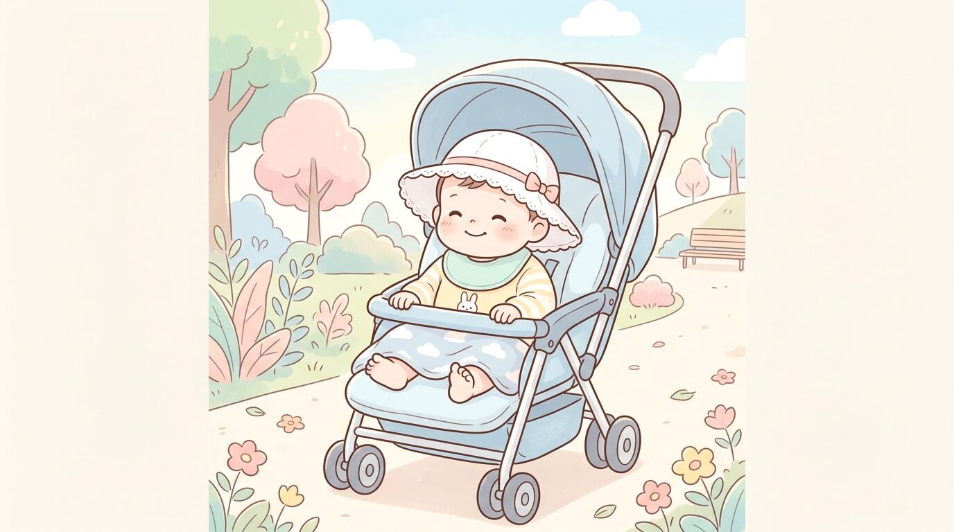 ベビーカーに乗った生後半年ほどの赤ちゃんがつば広の白い帽子をかぶり、公園で穏やかな表情を浮かべている様子