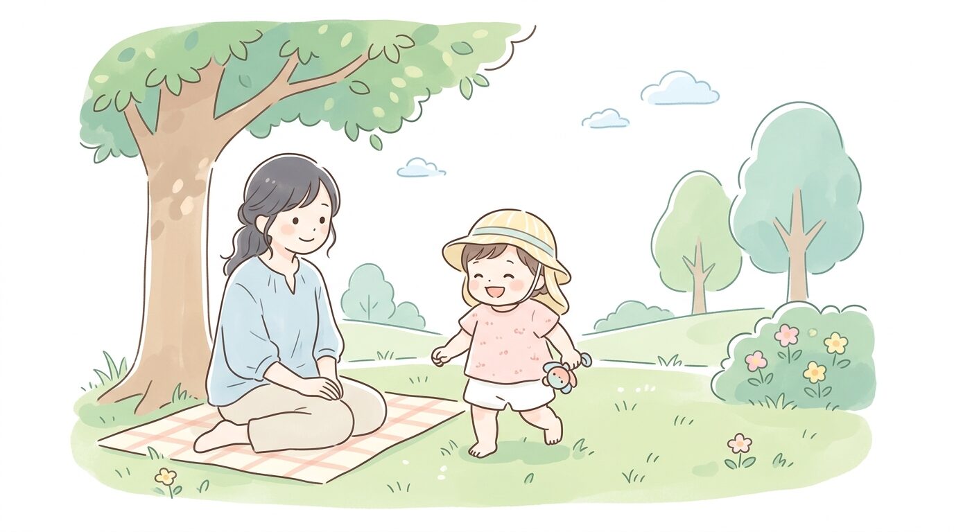 夏の公園で日よけ帽子をかぶった1歳前後の赤ちゃんと、日陰で見守る母親の柔らかな表情