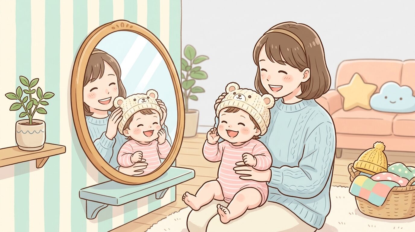 リビングでママと一緒に鏡を見ながらニット帽をかぶってみる笑顔の赤ちゃん